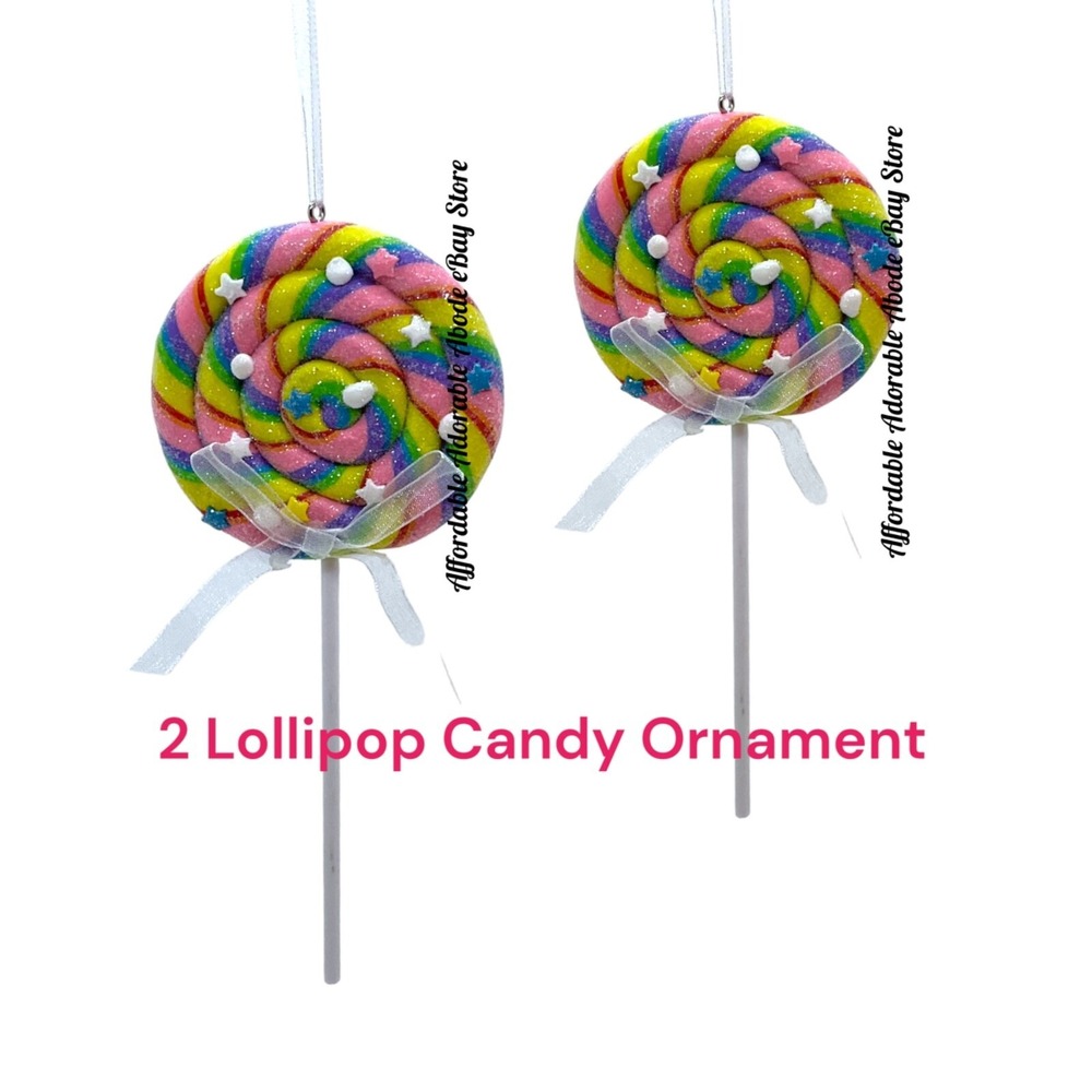 2 Swirl Lollipops Christmas Tree‎ Ornaments-Multicolor Sweet Treats Bow